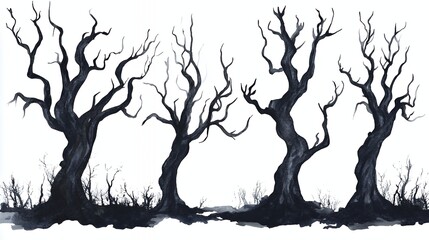 Watercolor painting of three bare trees in a dark, ominous silhouette, with a white background.