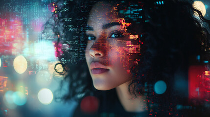 AI Cyber Security Threat, Female Latina IT Specialist Analyzing Futuristic Holographic Data Information. Orange & Blue Colors, Augmented Reality Artificial Intelligence Concept