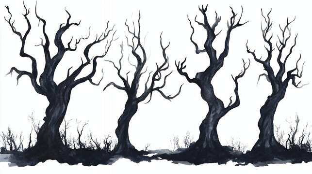 Watercolor painting of three bare trees in a dark, ominous silhouette, with a white background.