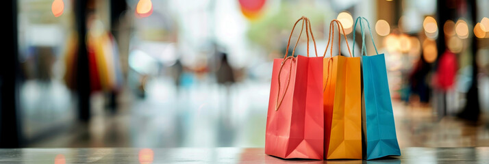 Naklejka premium Colorful shopping paper bags in the mall. Horizontal banner. Free space for text. Copy space. Summer or Winter Sales, Seasonal sales, shopping, Black Friday, Cyber Monday. Happy boxing day