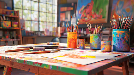 Creative Workspace with Art Supplies and Sketches