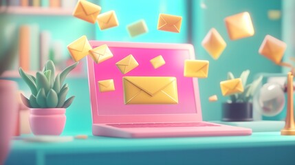 3D Rendering of Floating Envelopes and Pink Laptop, Email Marketing and Digital Communication Concept
