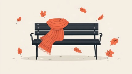 A warm orange scarf rests on a black park bench, surrounded by falling autumn leaves, capturing the essence of a tranquil fall afternoon