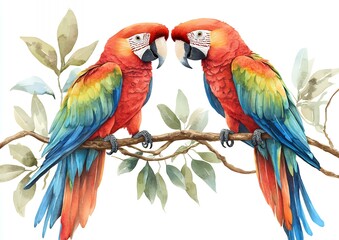 Fototapeta premium Two colorful parrots perched on a branch with green leaves.