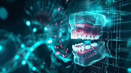 A digital representation of advanced dental technology featuring transparent 3D teeth against a high-tech background. The glowing elements and holographic style emphasize innovation in dental care and