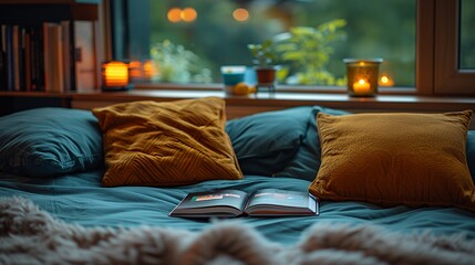 Open book on a bed with pillows and a fuzzy blanket in front of a window.