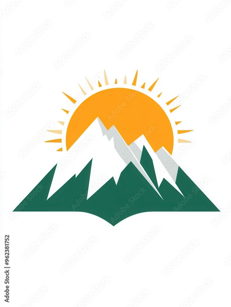 Poster The design highlights snow-capped mountains with a vibrant sun rising behind them, creating a tranquil atmosphere evoking adventure. Generative AI