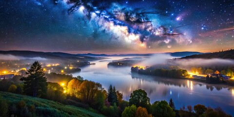 magical twinkling starry night sky above dark foggy Connecticut River valley with misty hills near goodspeed opera house