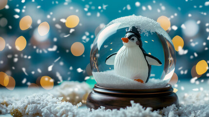 Obraz premium Penguin snow globe with snow falling inside, charming holiday decoration with a cute penguin and winter wonderland feel