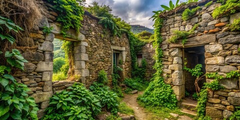 Fototapeta premium abandoned rustic old stone walls overgrowth forgotten memories decay