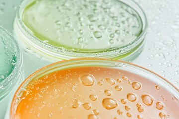 Closeup of a glass dish with a light orange liquid, droplets of liquid, and a blurred green liquid dish in the background.