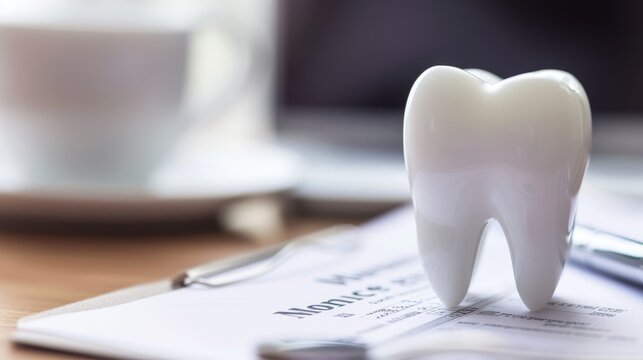 A ceramic tooth placed on top of dental paperwork with a blurred background, highlighting the importance of documentation in dental practice. The soft lighting adds to the clinical and professional