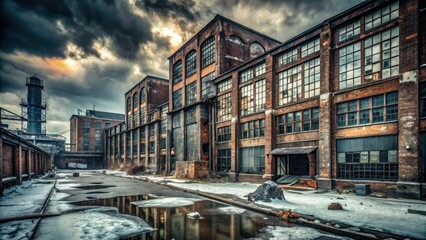 Bleak, Industrial landscapes of abandoned factories and warehouses, captured in stark, monochromatic tones, emphasizing textures and decay through deliberate lens choice.