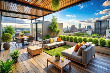 Fototapeta premium Stylish modern apartment city rooftop garden sleek minimalist design urban chic industrial materials bold bright colors sunny afternoon cityscape view