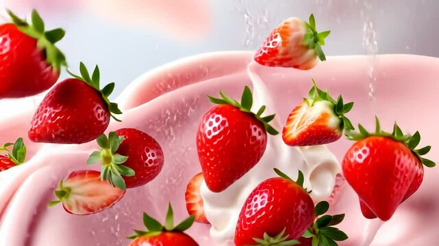 Fresh strawberries create a colorful splash in a creamy dessert