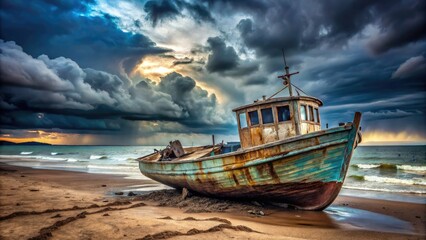 Fototapeta premium abandoned vintage fiberglass fishing boat decaying on forgotten beach with weathered wood and rusted metal amidst stormy cloudy sky with moody blue tone