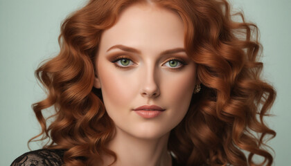 Fototapeta premium Portrait of a Red-Haired Woman with Curly Hair and Natural Makeup 