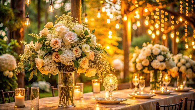 ethereal golden hour portrait of atlanta botanical garden's elegant flower arrangements with delicate petals and soft romantic lighting in warm beige tones