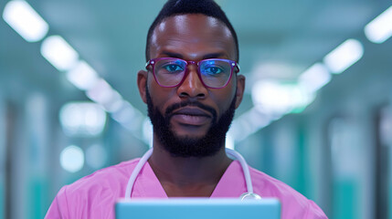 Male Nurse Assisting Senior Woman Using Digital
