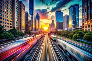 Fototapeta premium High-speed motion blur abstract cityscape blurred colors modern urban transportation rush hour commute symmetrical composition urban energy excitement