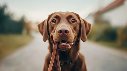 happy brown dog with leash