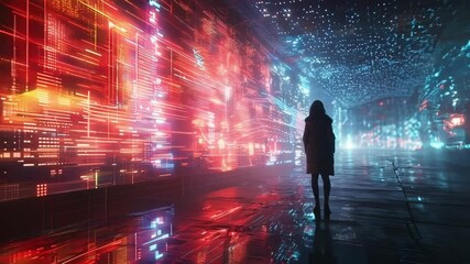 Businesswoman is reflecting on the future of finance as she stands before a dazzling display of digital data in a futuristic cityscape - Powered by Adobe