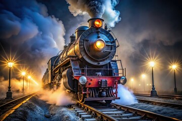 Obraz premium dramatic steam locomotive headlight night mist