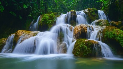 Fototapeta premium Lush green foliage surrounds a cascading waterfall.