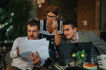 Business professionals collaborating in a modern office setting, reviewing documents and strategizing. The team is focused on teamwork and decision-making during a business meeting.