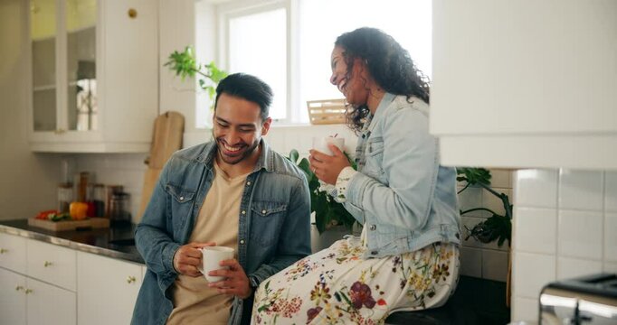 People, couple and happy with coffee in kitchen counter for conversation, bonding and love. Relationship, family and smile or laughing with tea at home for funny gossip, chat and support or trust