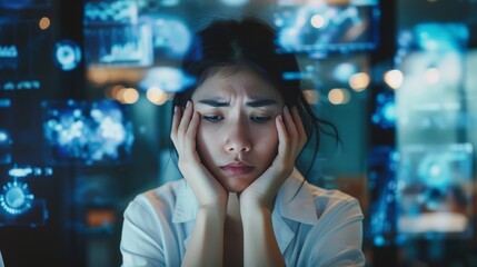 A woman with a worried expression sits in front of multiple digital screens, her hands on her face as she processes the overwhelming flow of data. The cool blue tones and futuristic setting highlight