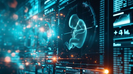 Fototapeta premium A high-tech digital visualization of a fetus displayed in a futuristic medical interface. The image, with its glowing blue hues and detailed data overlays, represents cutting-edge technology in