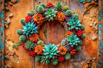 lively southwestern succulent wreath with bright turquoise, coral, and geometric patterns on a distressed adobe wall, high contrast, bold colors, vibrant energy
