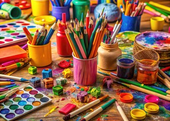 Whimsical still-life composition of a left-handed child's scattered art supplies with crayons, markers, and paintbrushes in a playful, messy arrangement.