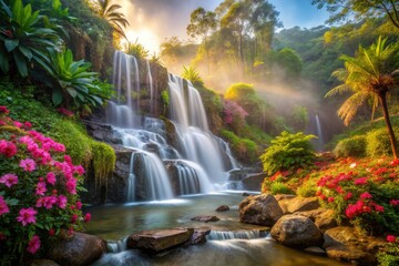 Fototapeta premium peaceful waterfall cascading down a rocky cliffside surrounded by vibrant tropical flowers and gentle morning mist with soft warm lighting