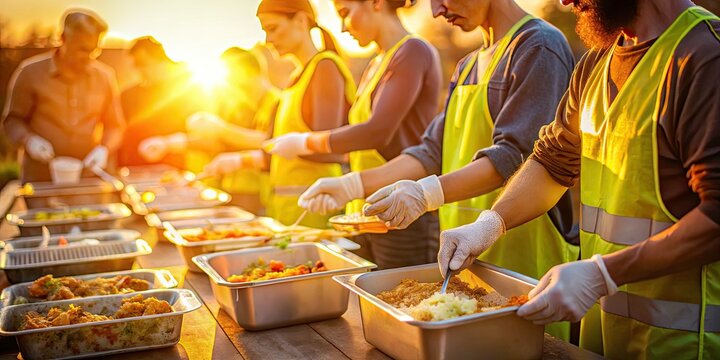 sunset warm glowing light of volunteers packaging hot meals for disaster relief with shallow focus and warm color tone