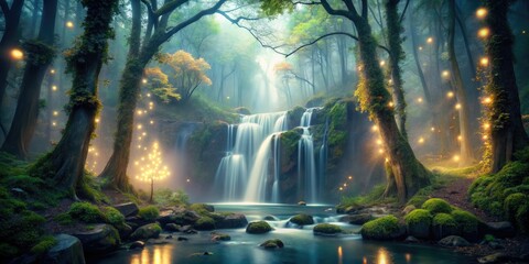Fototapeta premium ethereal mist-shrouded waterfall in a mystical forest surrounded by ancient trees and twinkling fairy lights with a dreamy soft focus effect
