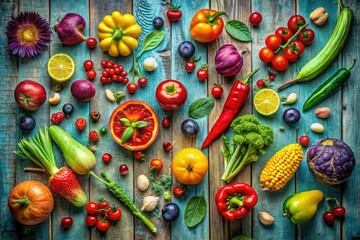 Stylized flat lay arrangement of colorful summer fruits and vegetables on distressed wooden planks with bold typography and whimsical illustration elements.