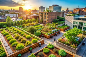 Obraz premium Rooftop Garden Cityscape Urban Farming Verdant Greenery Sunny Afternoon Warm Colors Whimsical Urban Oasis Community Living Eco Friendly