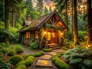 Rustic charming cozy cabin retreat amidst serene lush greenery, blending earthy tones, natural textures, and warm golden light with whimsical touches in secluded hideaways