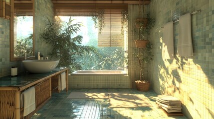 Bathroom with recycled glass sink, bamboo storage, hanging plants, natural daylight