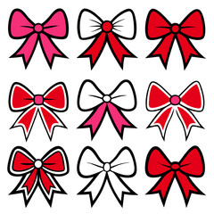 Bowtiful Collection: A vibrant set of nine stylized bows in red, pink, and white, perfect for crafting, design, and adding a touch of elegance.  