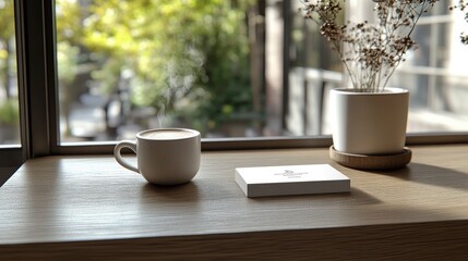 Business cards on a table, sleek design with a logo, contemporary office background, soft indoor light