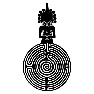 Huastecan or Totonac goddess of maize Centeocihuatl and a round spiral maze or labyrinth symbol. Mystery of Pre-Columbian Native American culture. Ethnic art from Mexico. Black and white silhouette.
