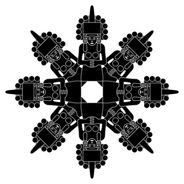 Round star shape design or frame with pre Columbian female figurines from Mexico. Huastecan or Totonac goddess of maize Centeocihuatl. Black and white silhouette.