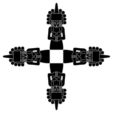 Square cross shape design or frame with four pre Columbian female figurines from Mexico.
Huastecan or Totonac goddess of maize Centeocihuatl. Black and white silhouette.