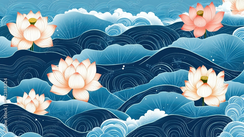 Wall mural Water Lily Flowers Emerging From Blue Waves