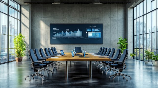 Business presentation setup, with multiple monitors and digital displays, in a sleek conference room, bright lighting