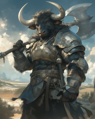 Naklejka premium bovine beastfolk warrior with a large axe standing in a sunlit open landscape with a determined expression