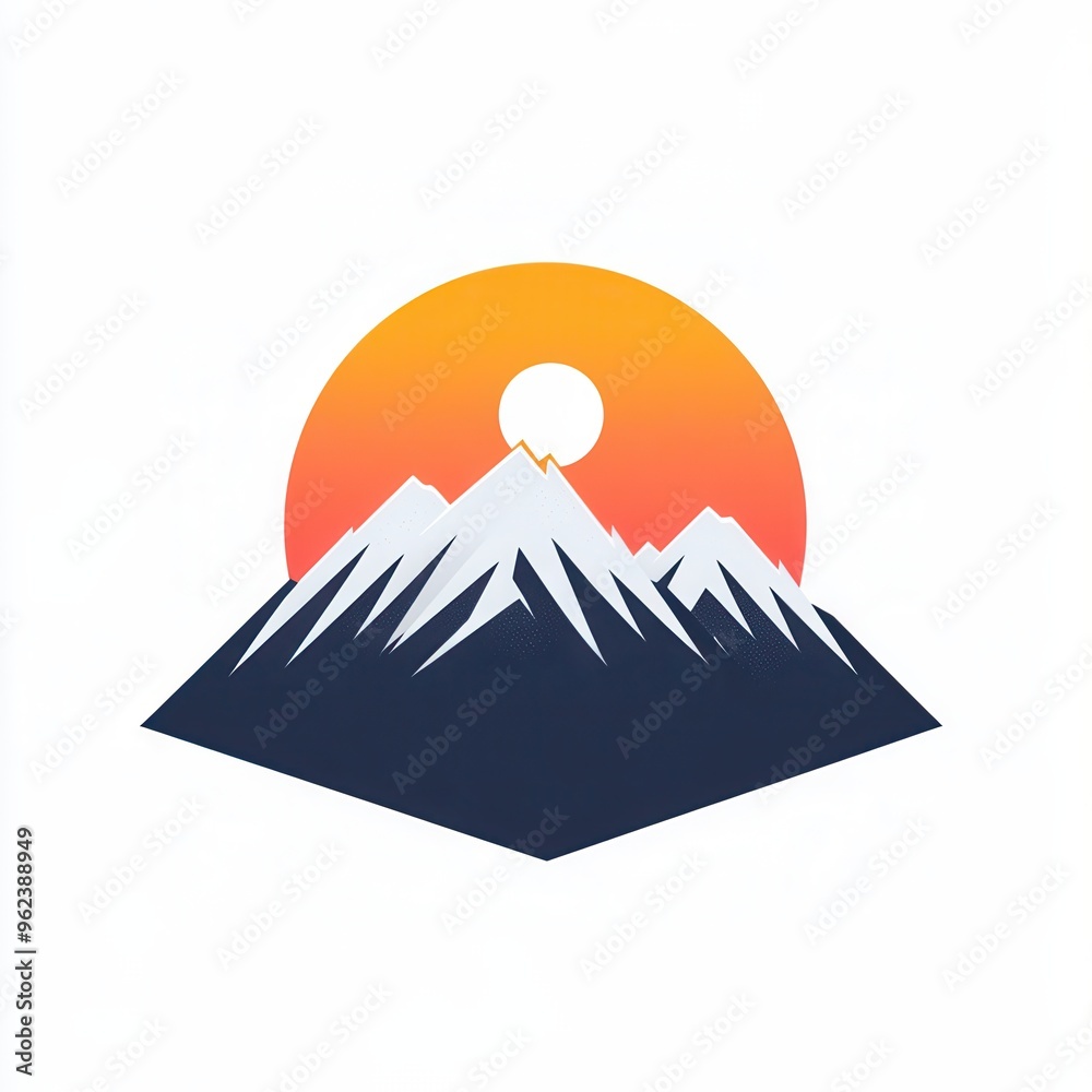 Poster The design captures a minimalist representation of snow-covered mountains illuminated by a soft sunrise, symbolizing tranquility and adventure. Generative AI